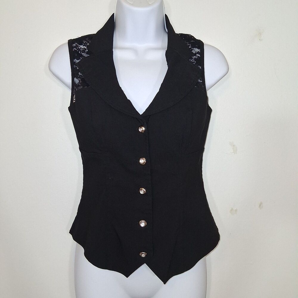 Y2k Lace Stretch Blouse Sz Jr L Rhinestone Button-down 90s Rock Glam Edgy